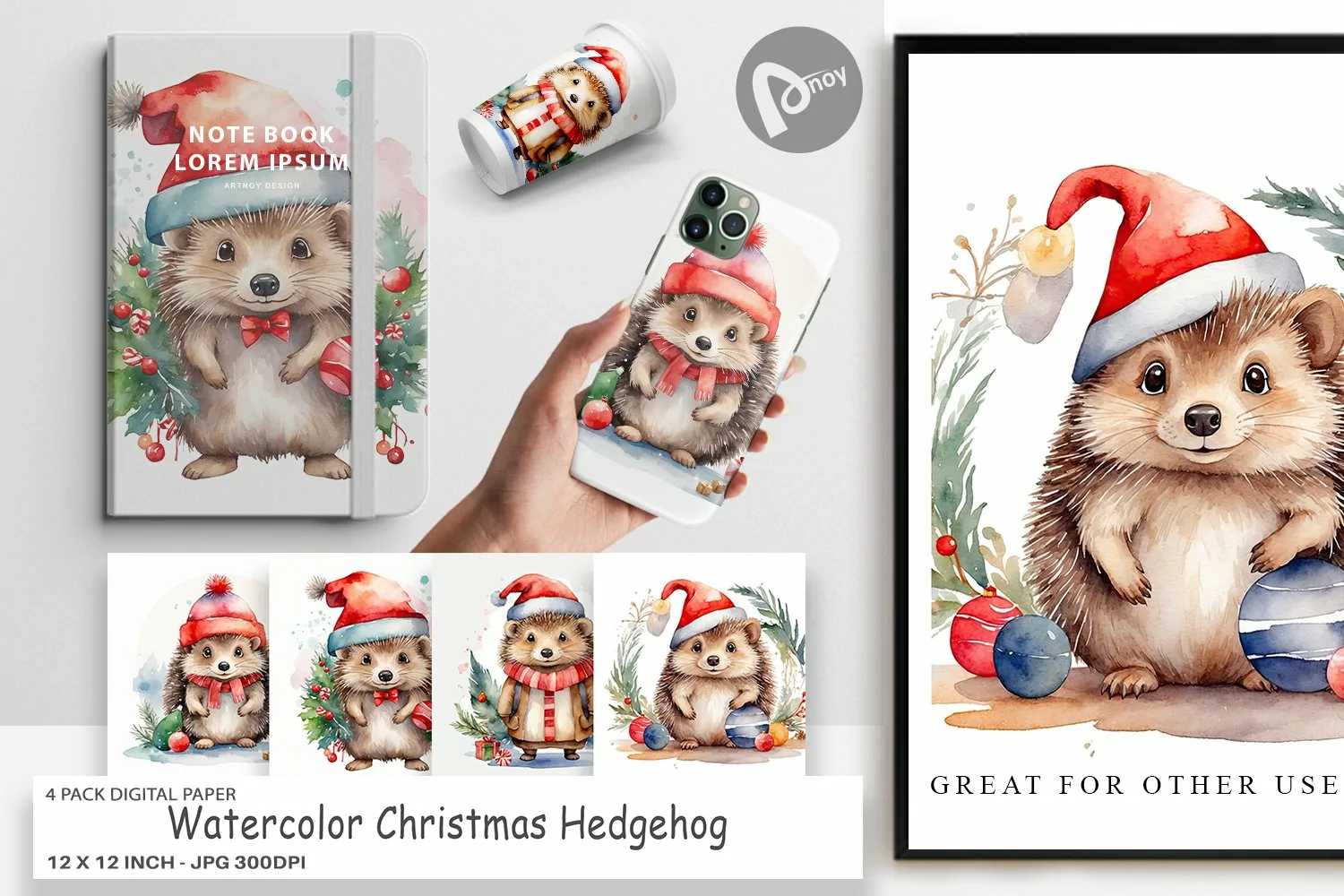 Digital Paper Watercolor Christmas Hedgehog product image 1