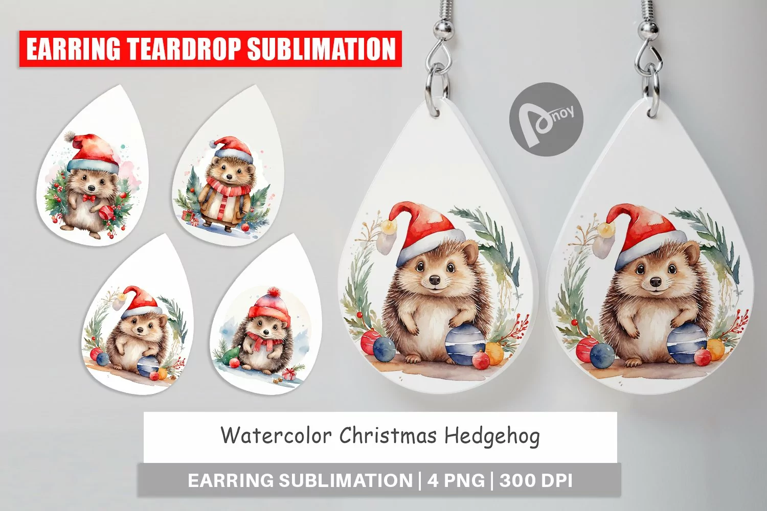 Earring Teardrop Watercolor Christmas Hedgehog product image 1
