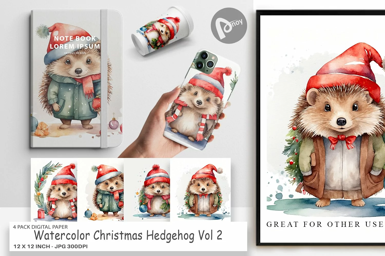 Digital Paper Watercolor Christmas Hedgehog product image 1