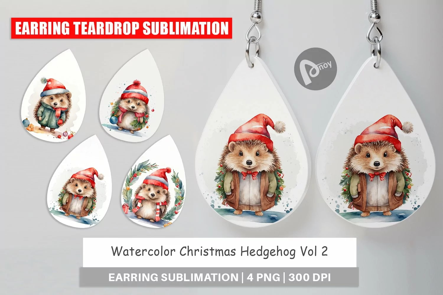 Earring Teardrop Watercolor Christmas Hedgehog product image 1