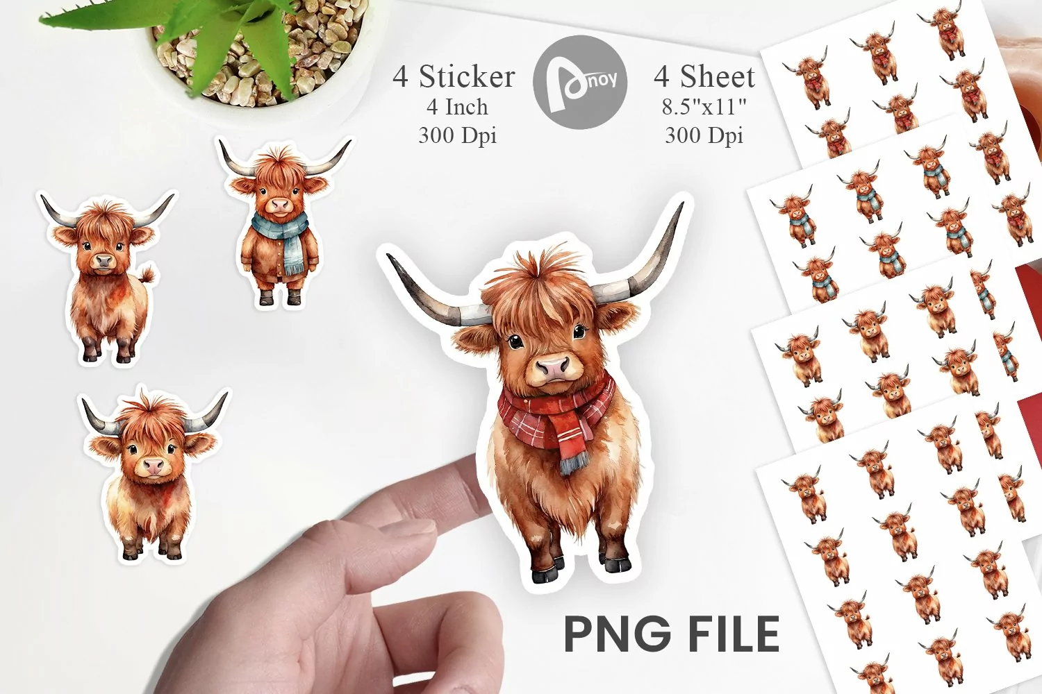 Sticker Watercolor Christmas Highland Cow product image 1