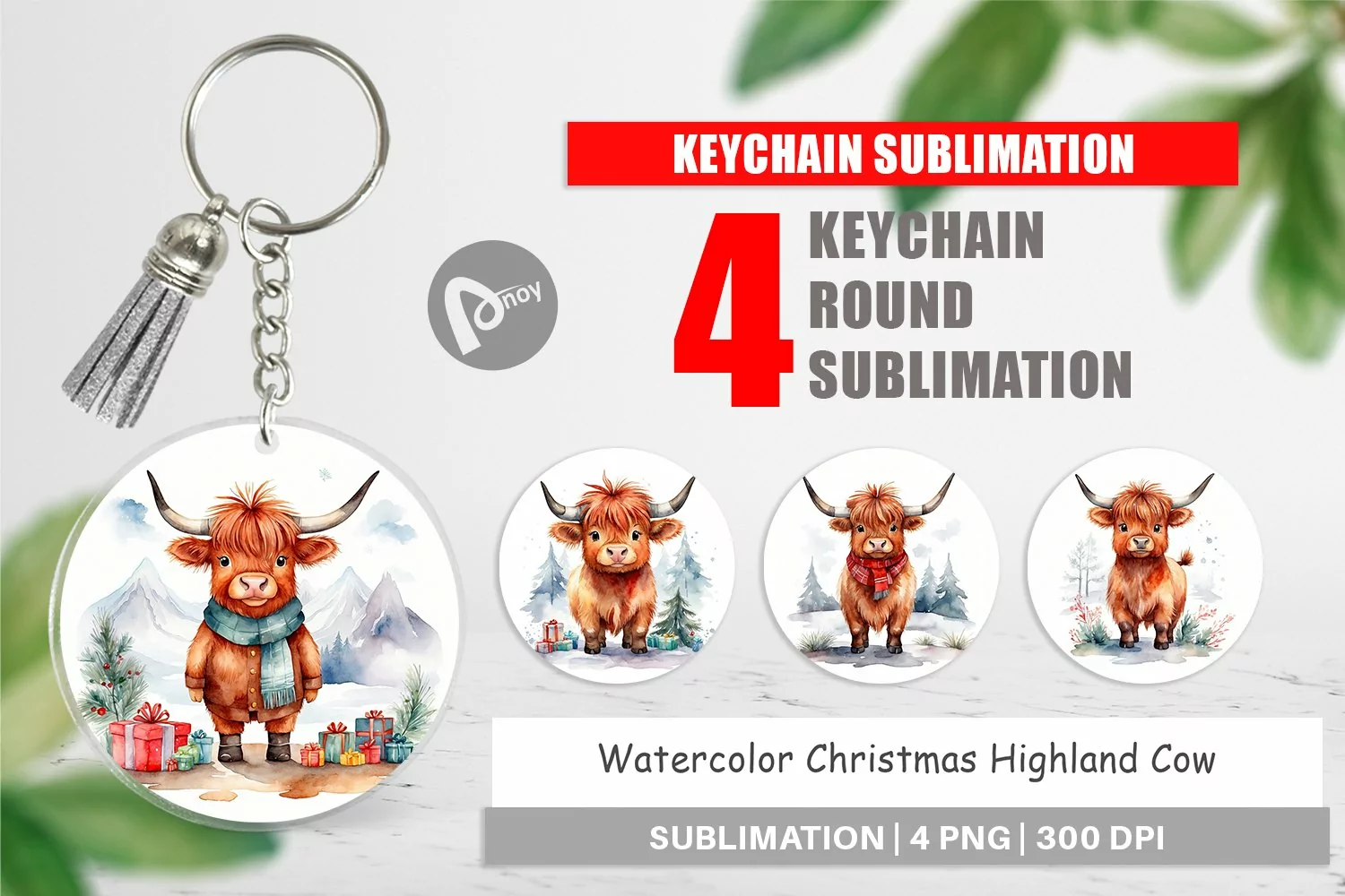 Keychain Watercolor Christmas Highland Cow product image 1