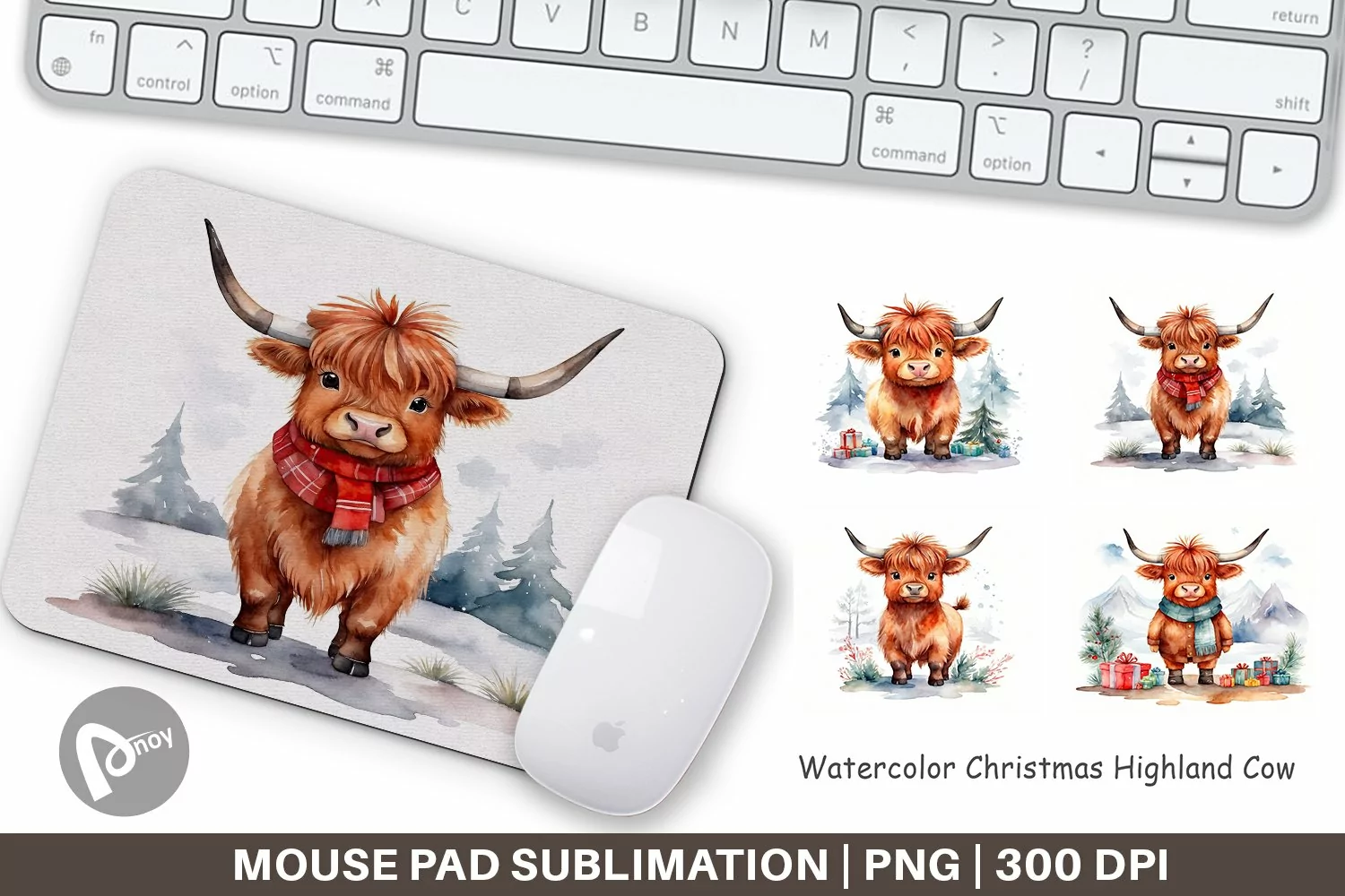 Mouse Pad Watercolor Christmas Highland Cow product image 1