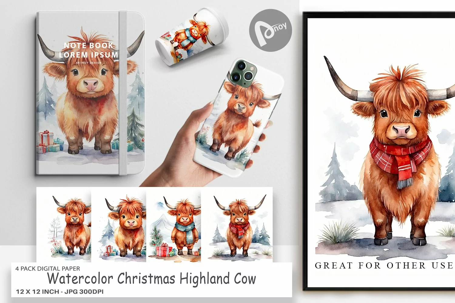 Digital Paper Watercolor Christmas Highland Cow product image 1