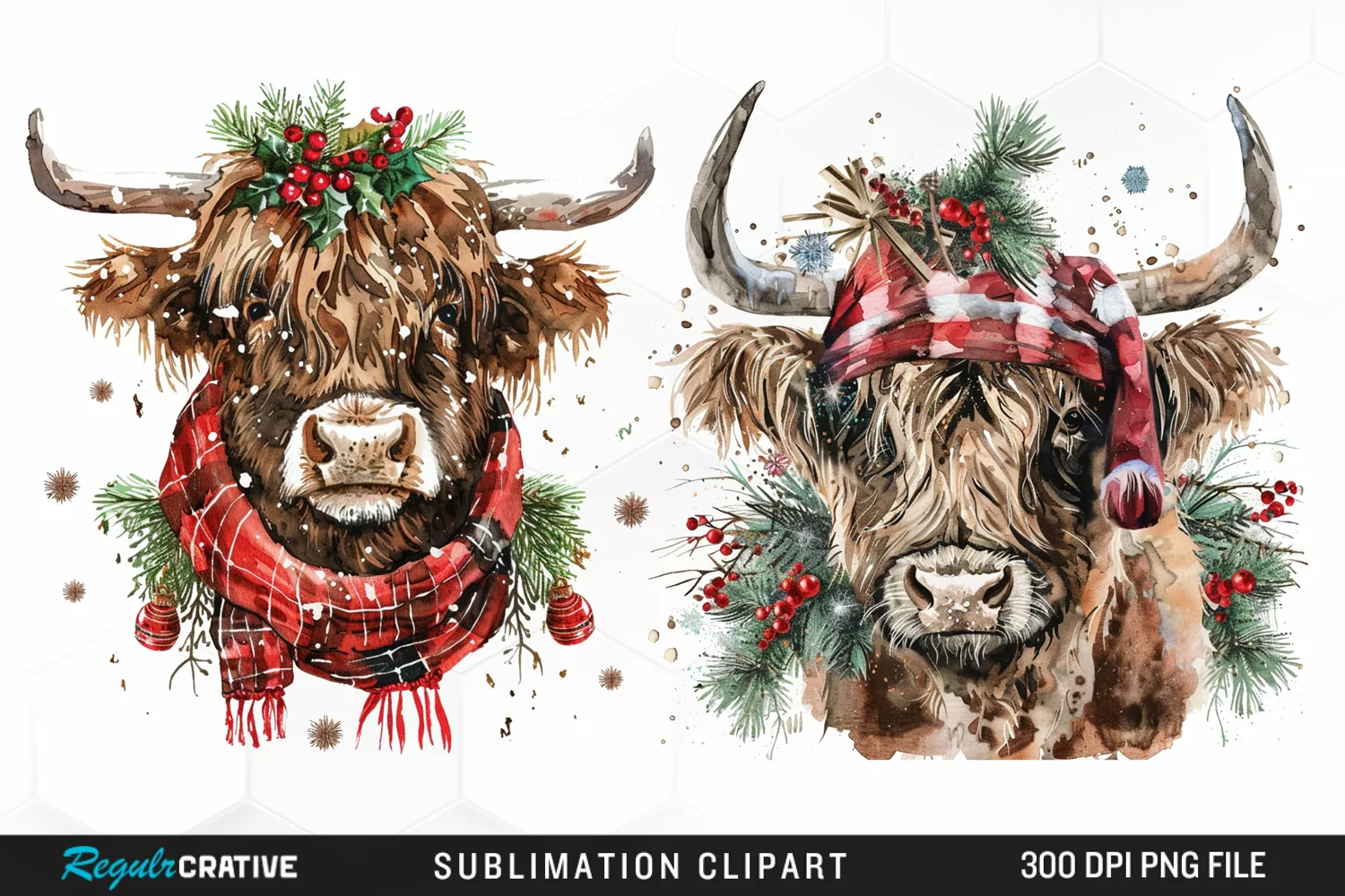 Watercolor Christmas Highland Cow Clipart product image 1