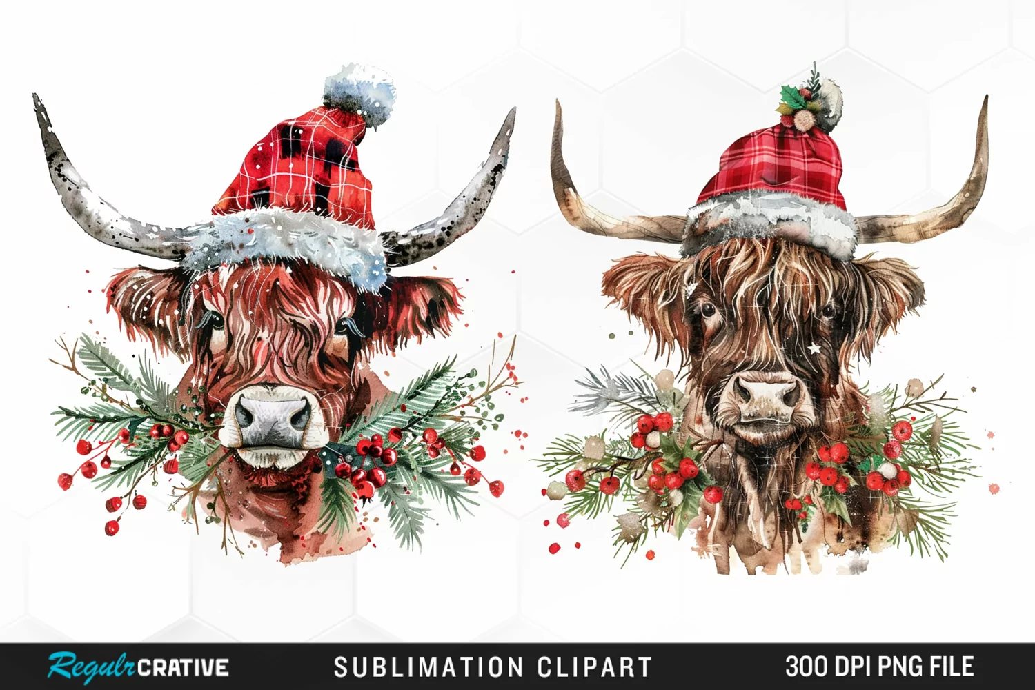 Watercolor Christmas Highland Cow Illustration Clipart product image 1