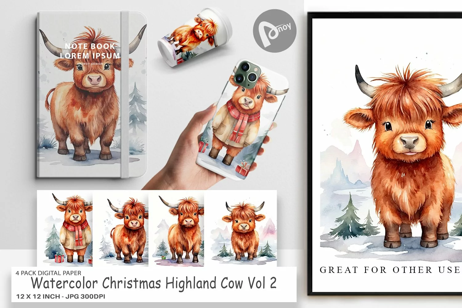 Digital Paper Watercolor Christmas Highland Cow product image 1