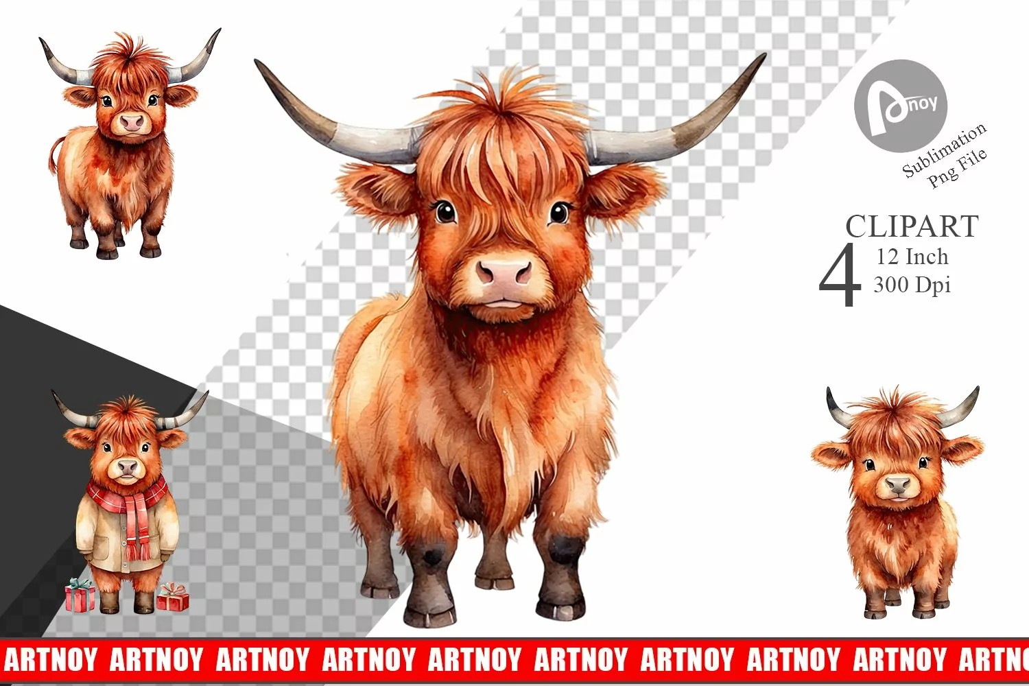 Clipart Watercolor Christmas Highland Cow product image 1