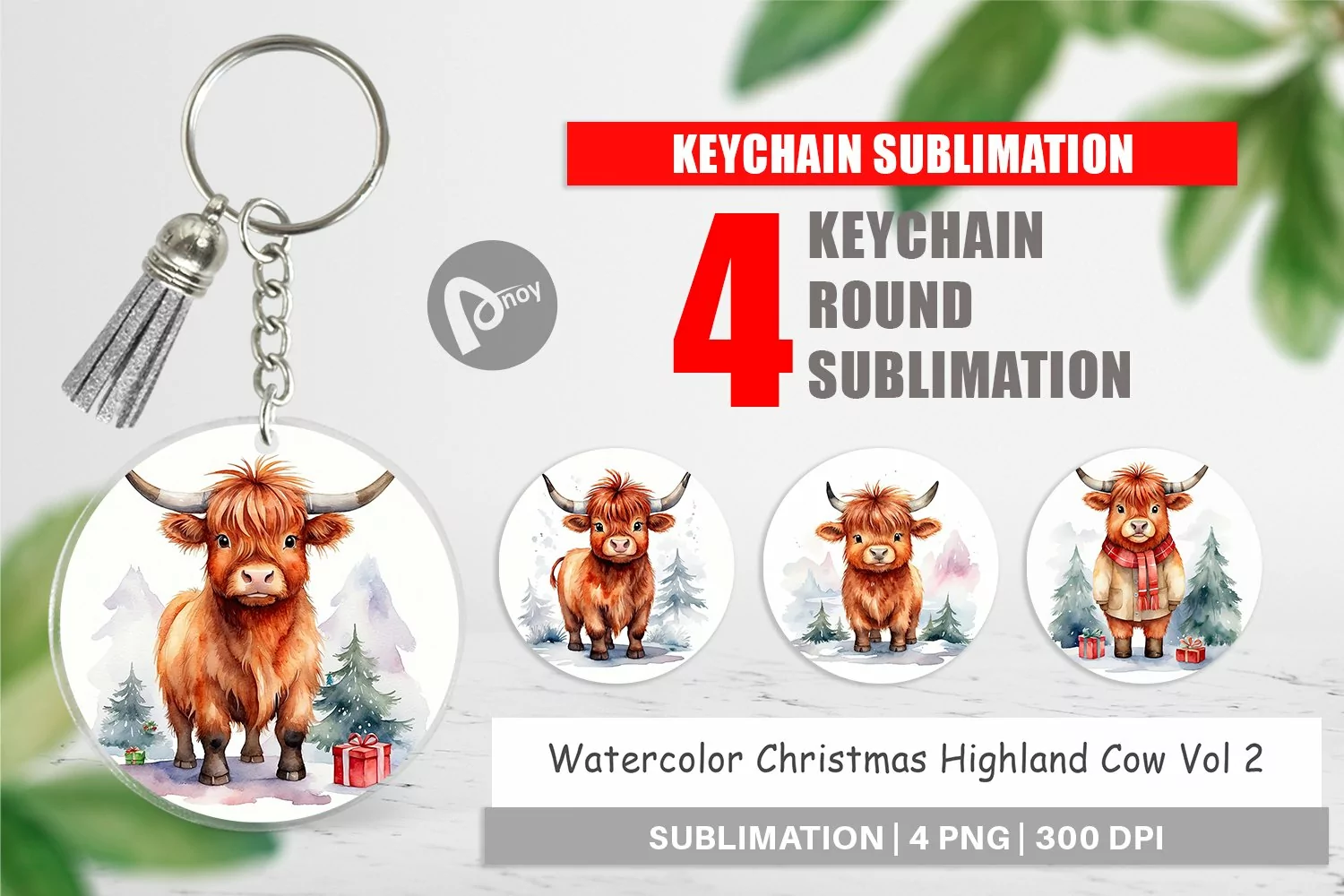 Keychain Watercolor Christmas Highland Cow product image 1