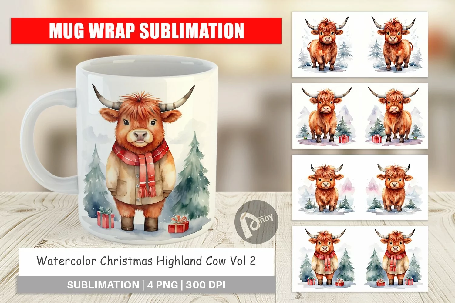 Mug Wrap Design Watercolor Christmas Highland Cow product image 1