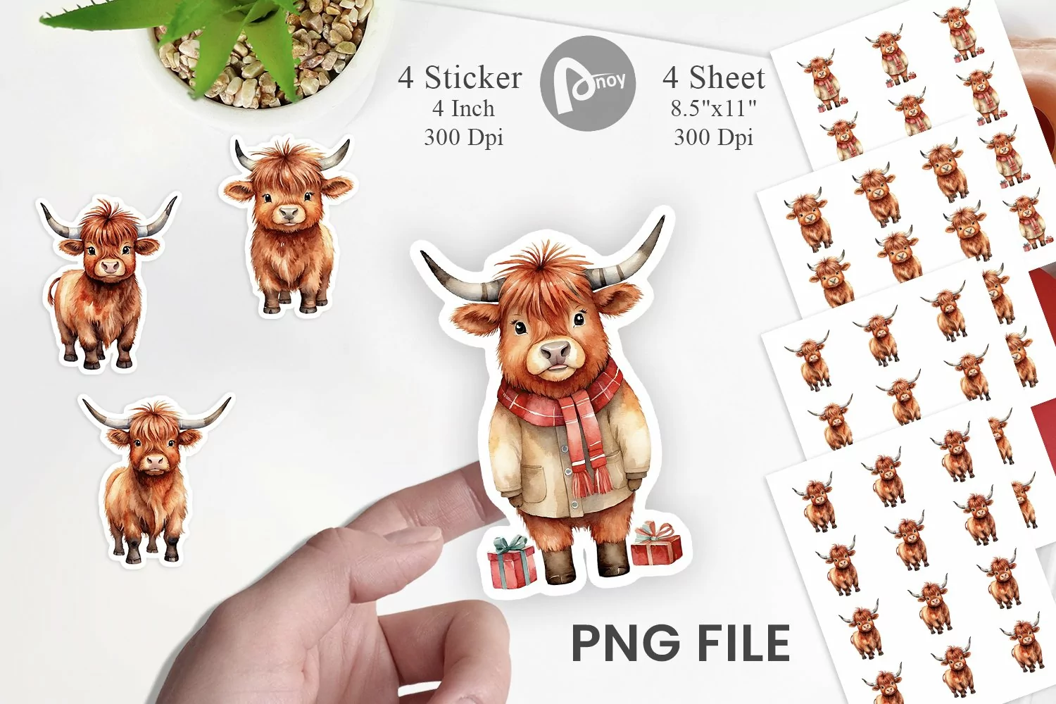 Sticker Watercolor Christmas Highland Cow product image 1