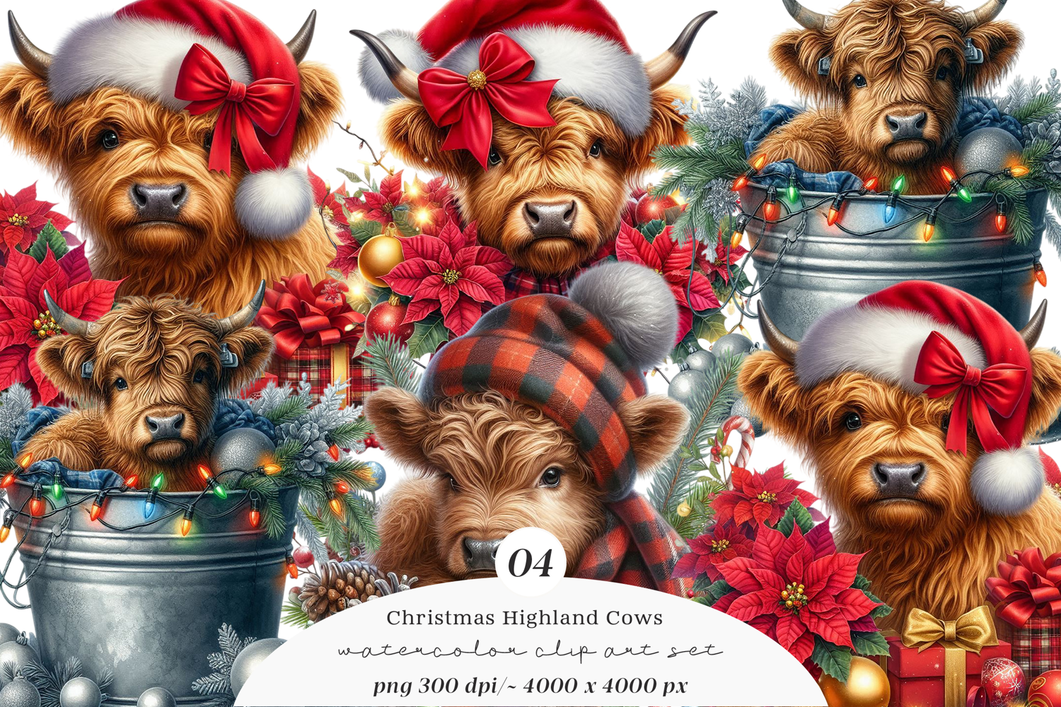 Watercolor Christmas Highland Cows Clipart product image 1