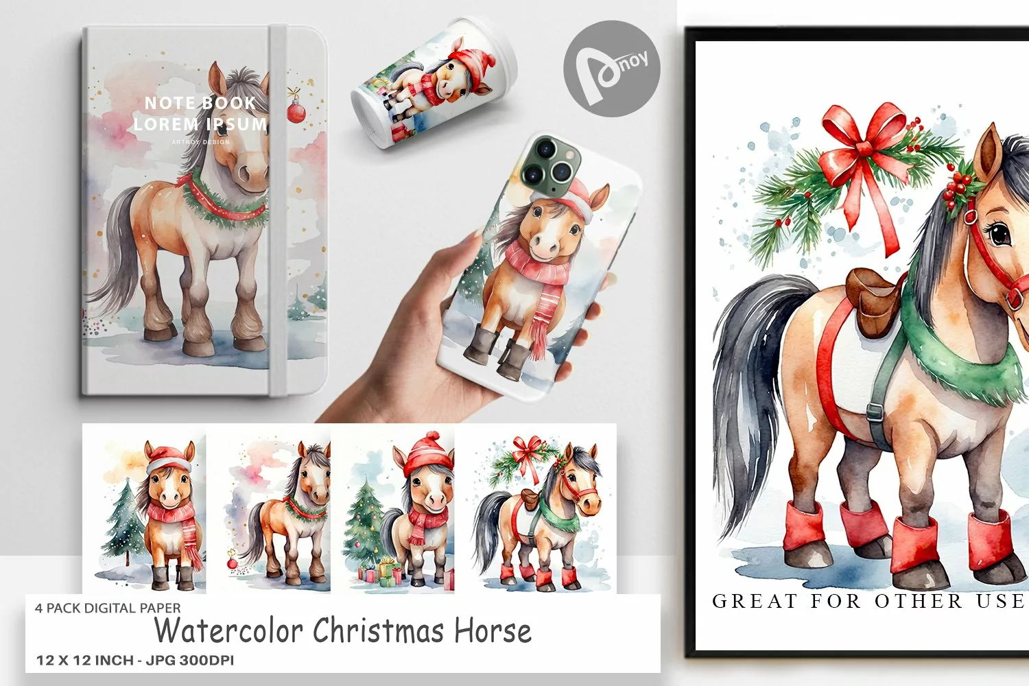 Digital Paper Watercolor Christmas Horse product image 1