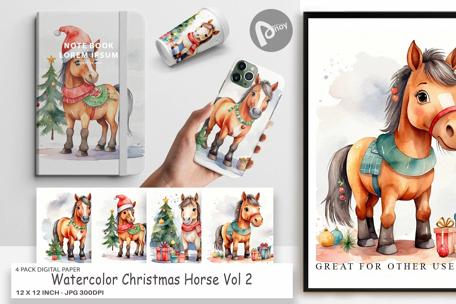 Digital Paper Watercolor Christmas Horse product image 1