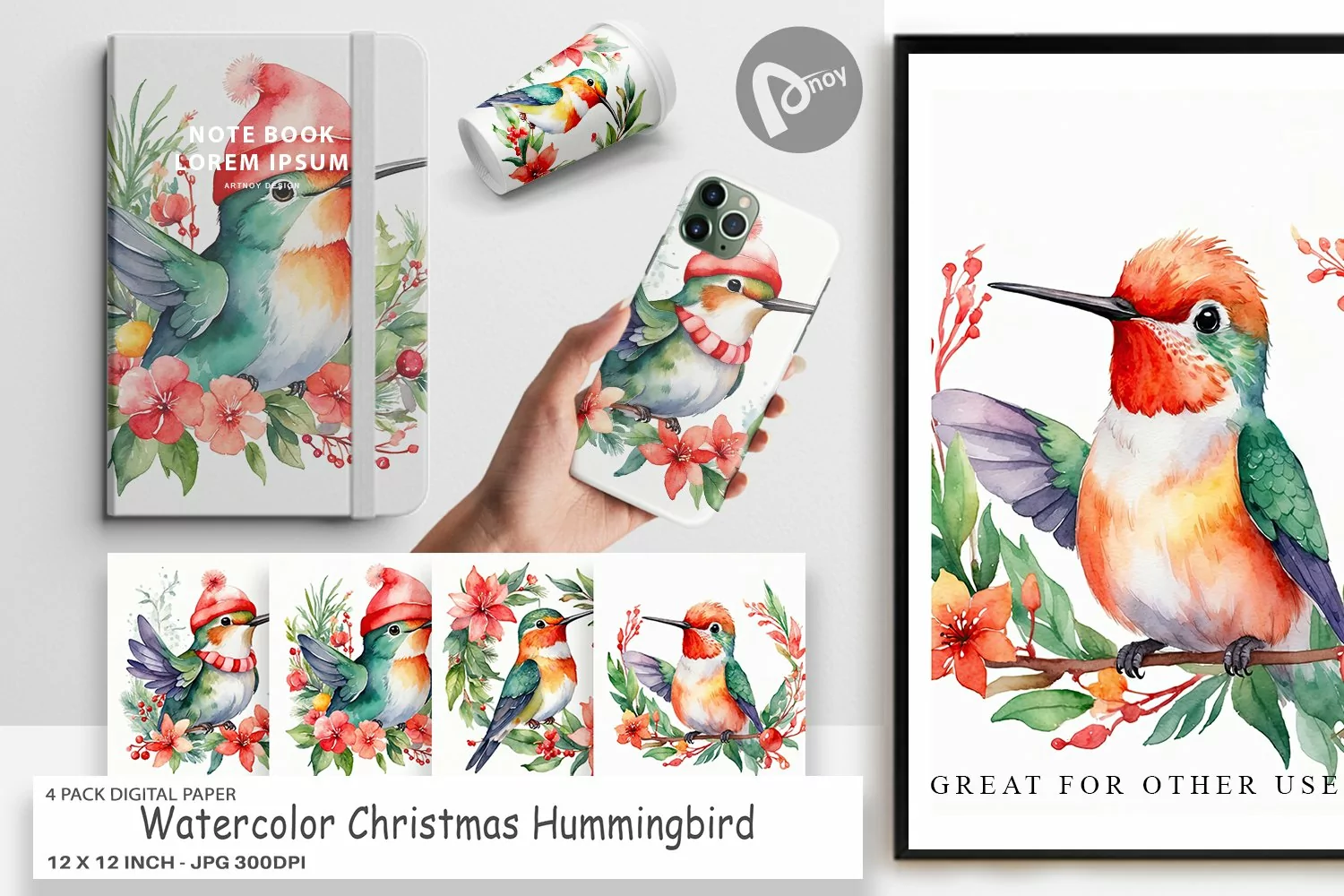 Digital Paper Watercolor Christmas Hummingbird product image 1