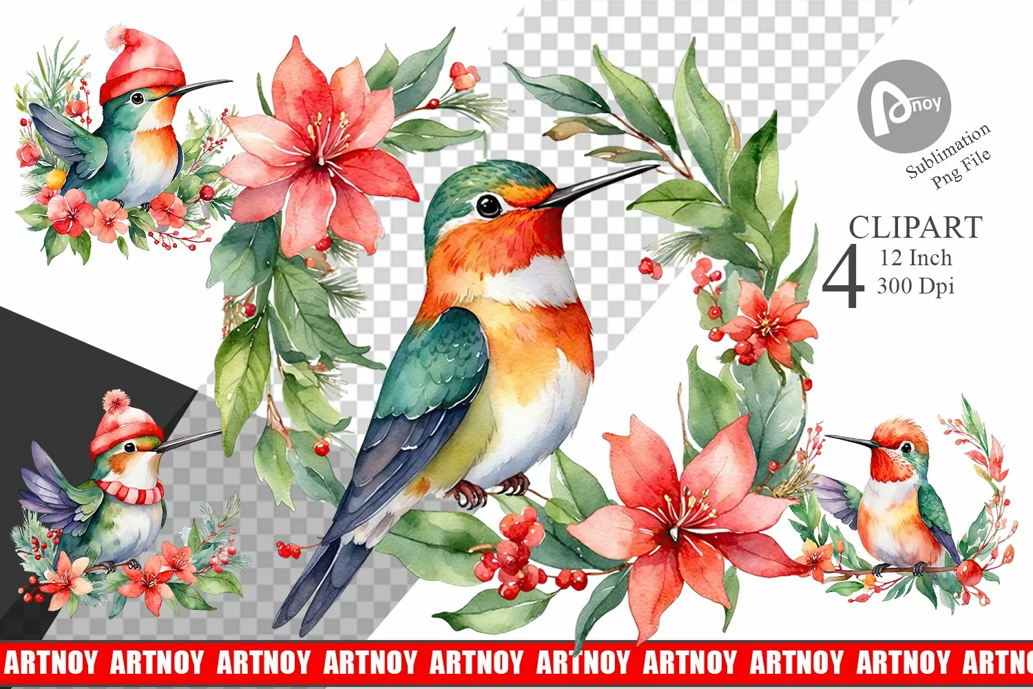 Clipart Watercolor Christmas Hummingbird product image 1
