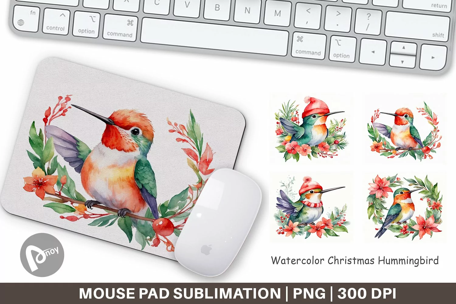 Mouse Pad Watercolor Christmas Hummingbird product image 1