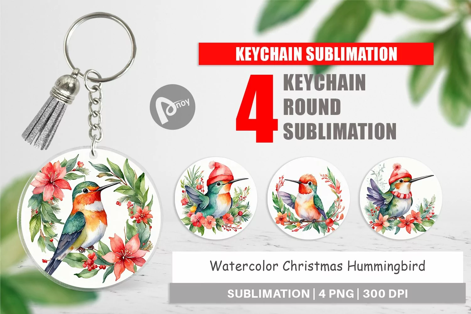 Keychain Watercolor Christmas Hummingbird product image 1