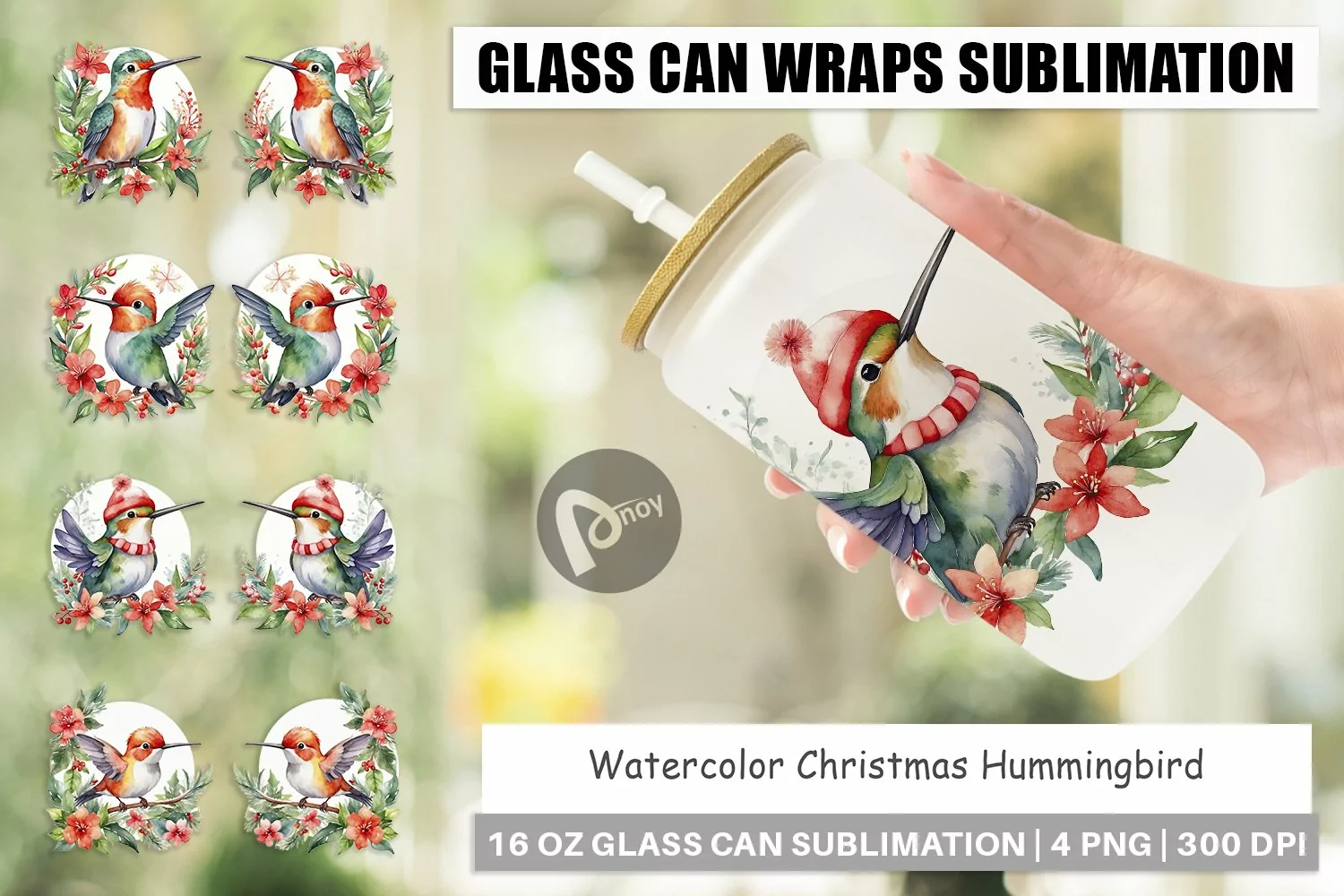 Glass Can Wraps Watercolor Christmas Hummingbird product image 1