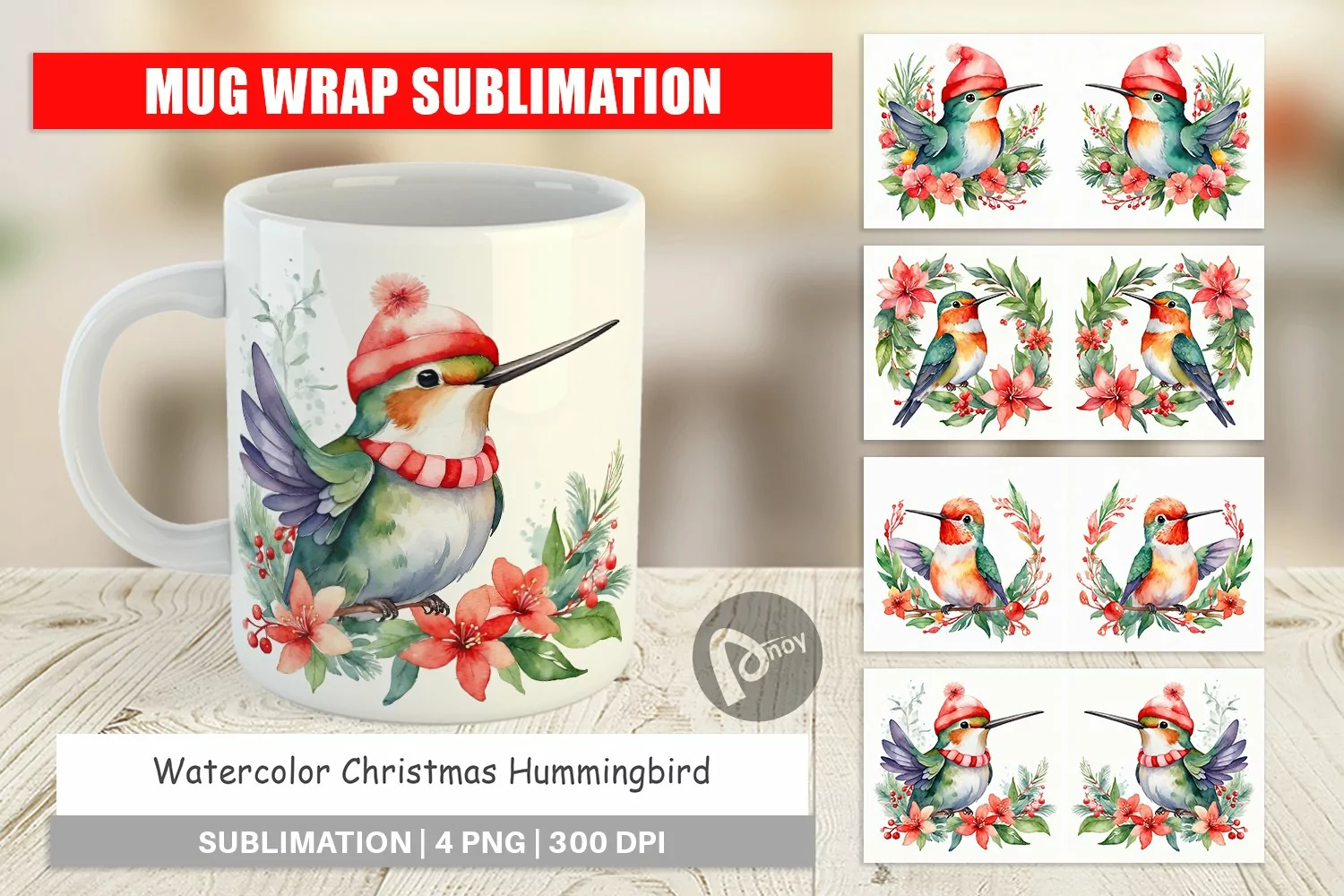 Mug Wrap Design Watercolor Christmas Hummingbird product image 1