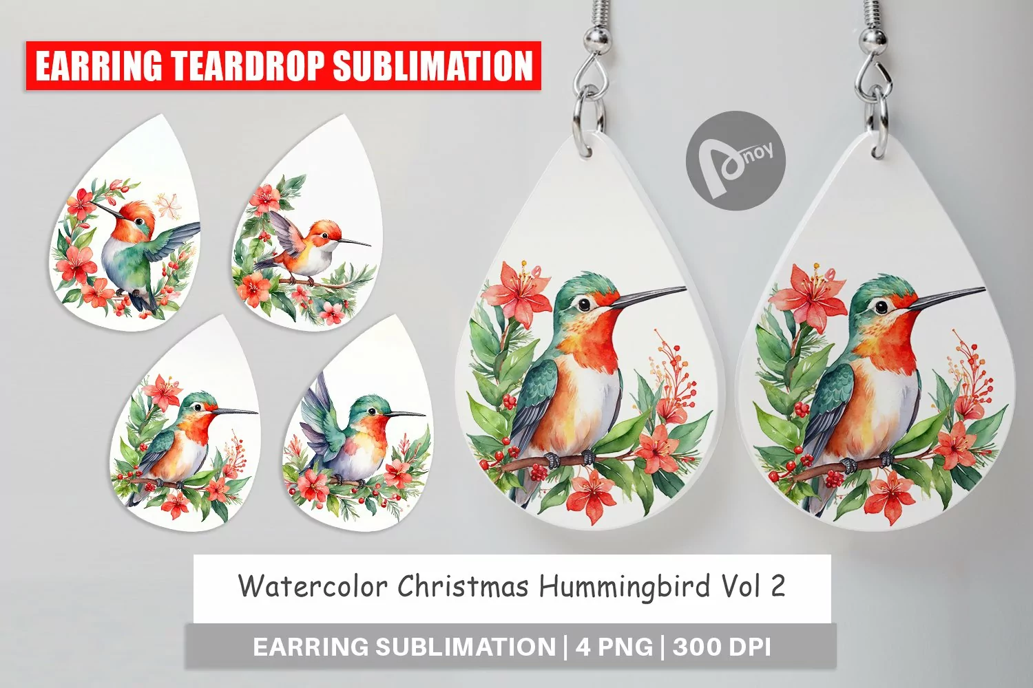 Earring Teardrop Watercolor Christmas Hummingbird product image 1