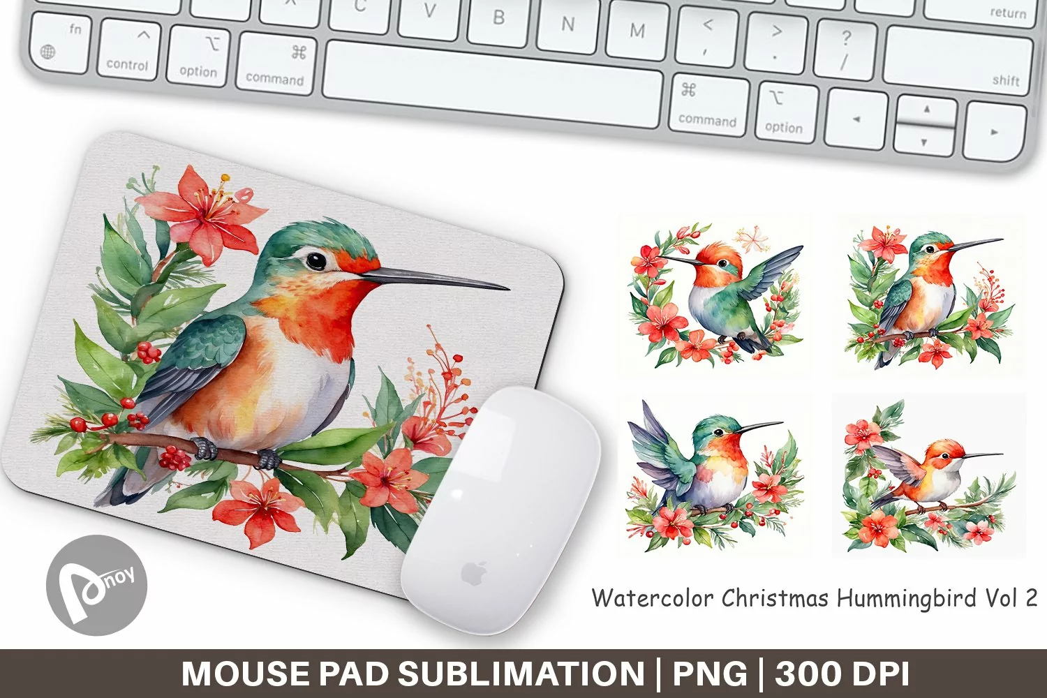 Mouse Pad Watercolor Christmas Hummingbird product image 1