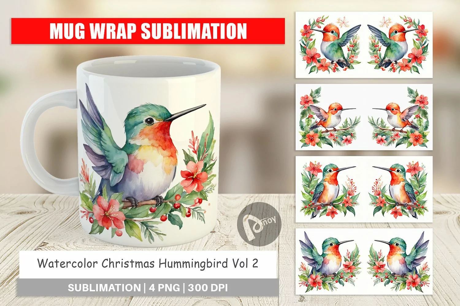 Mug Wrap Design Watercolor Christmas Hummingbird product image 1
