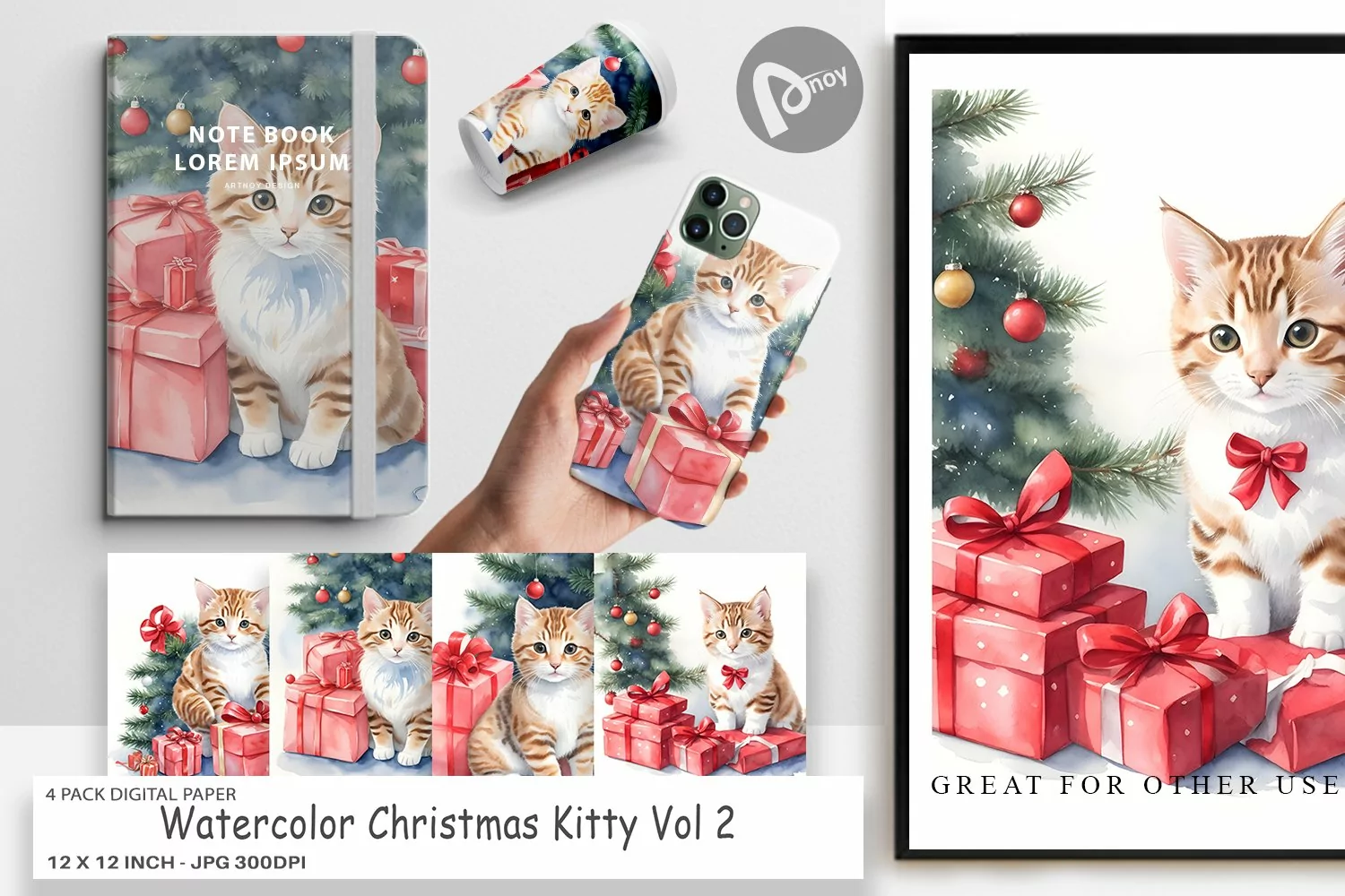 Digital Paper Watercolor Christmas Cat product image 1