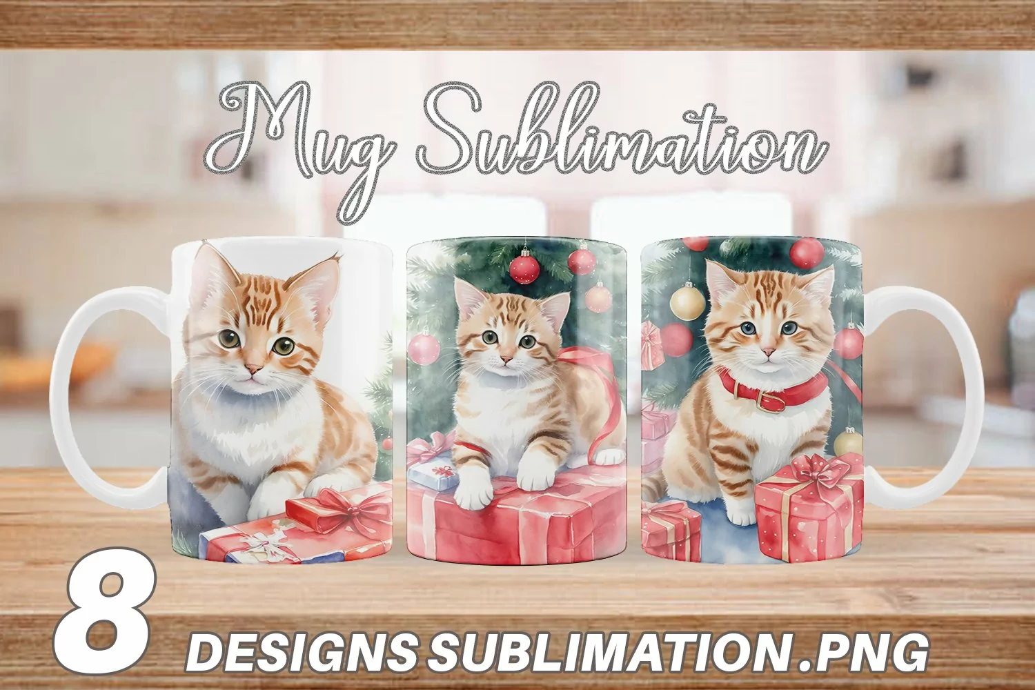 Watercolor Christmas Kitty | Mug sublimation design product image 1