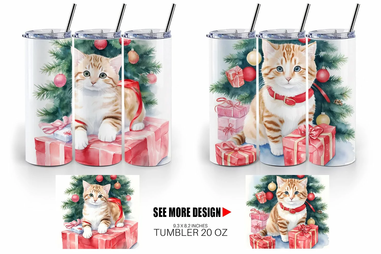 Watercolor Christmas Kitty | Tumbler Sublimation Wrap product image 1
