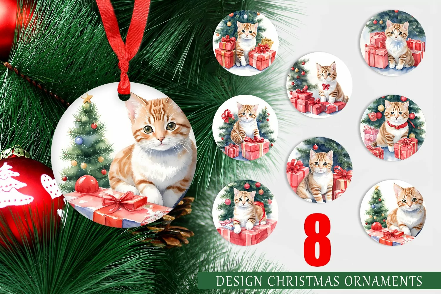 Christmas Ornaments Watercolor Kitty With Gifts product image 1