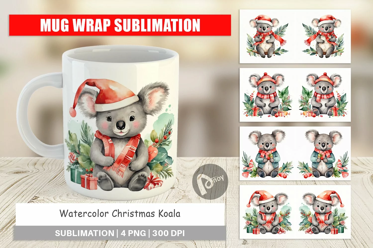 Mug Wrap Design Watercolor Christmas Koala product image 1