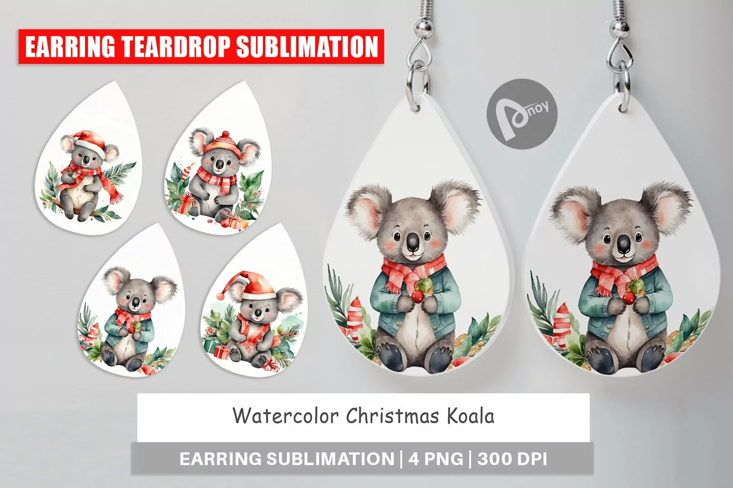 Earring Teardrop Watercolor Christmas Koala product image 1