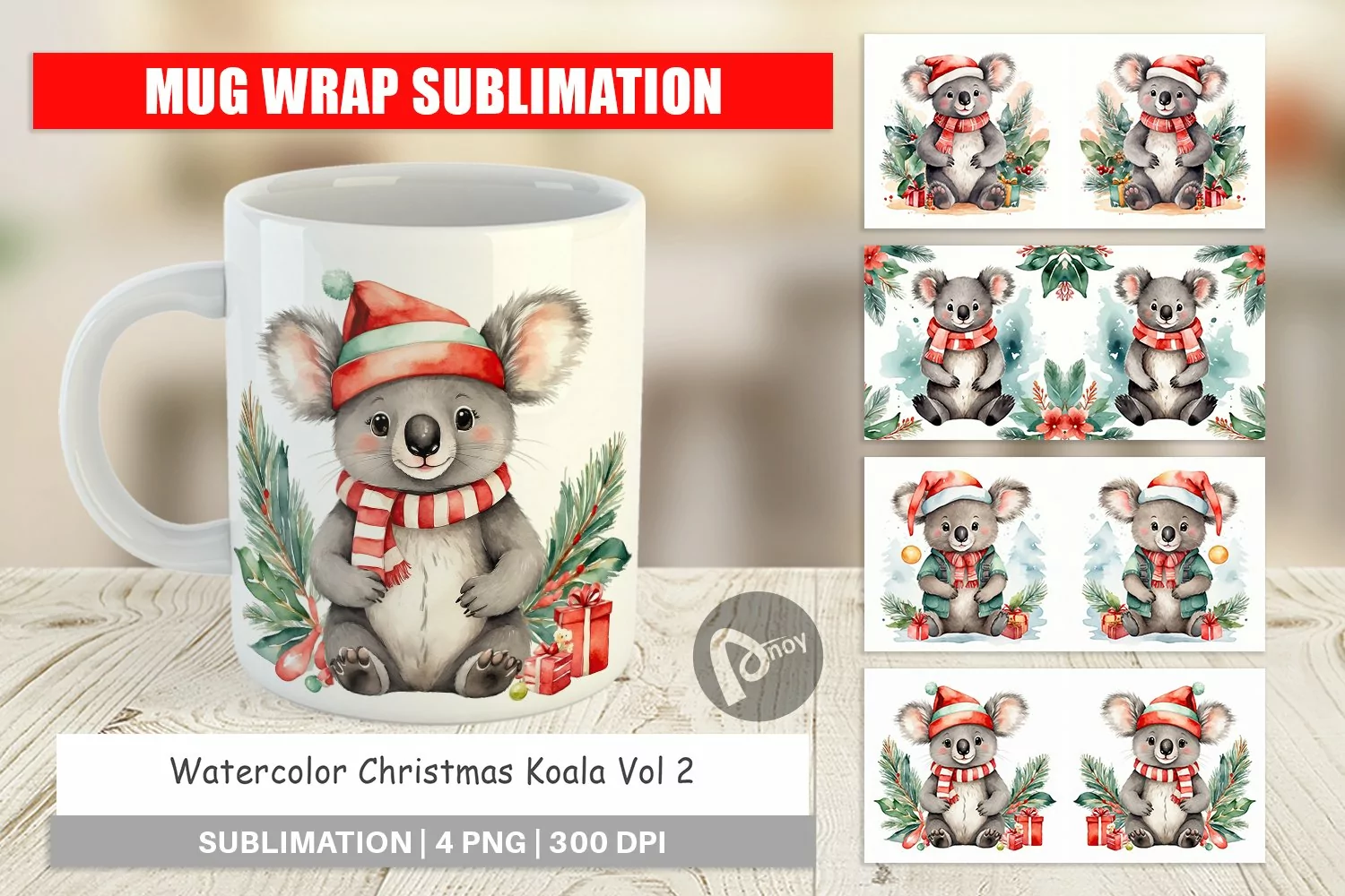 Mug Wrap Design Watercolor Christmas Koala product image 1
