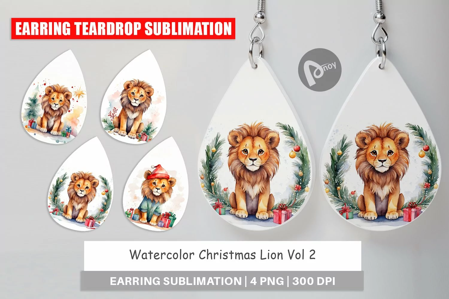 Earring Teardrop Watercolor Christmas Lion product image 1