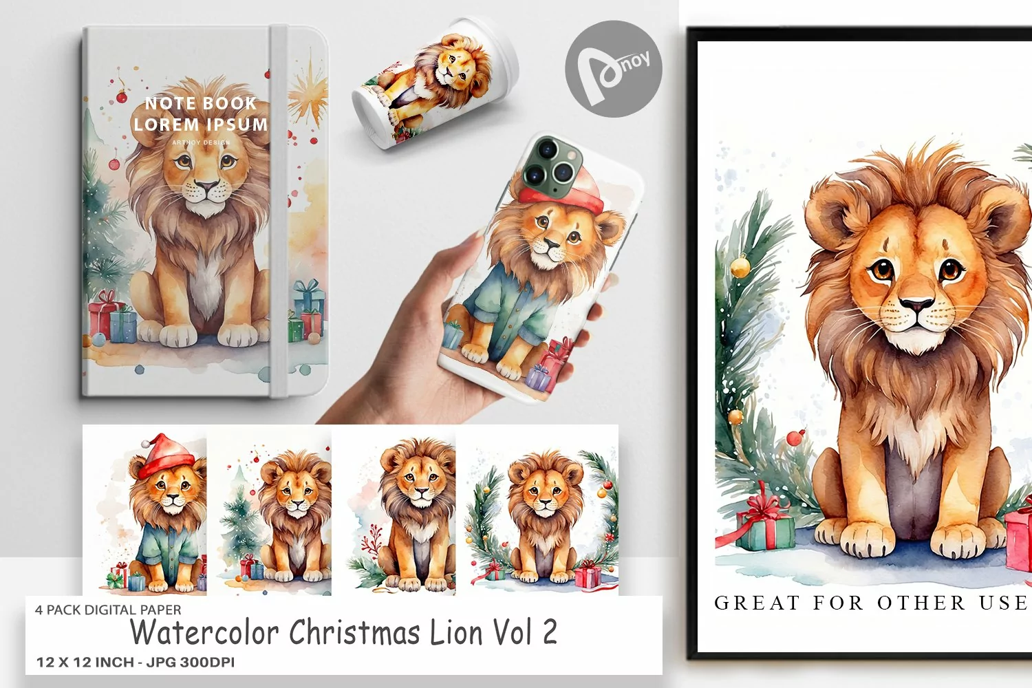 Digital Paper Watercolor Christmas Lion product image 1