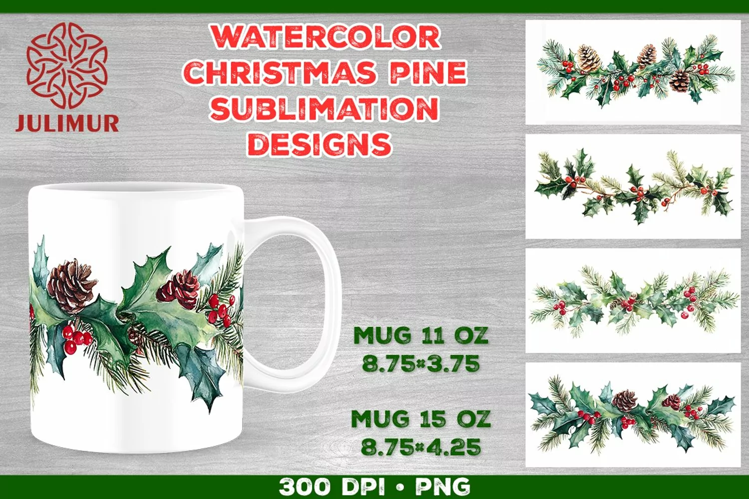 Watercolor Christmas Pine & Holly Garland Mug Sublimation product image 1