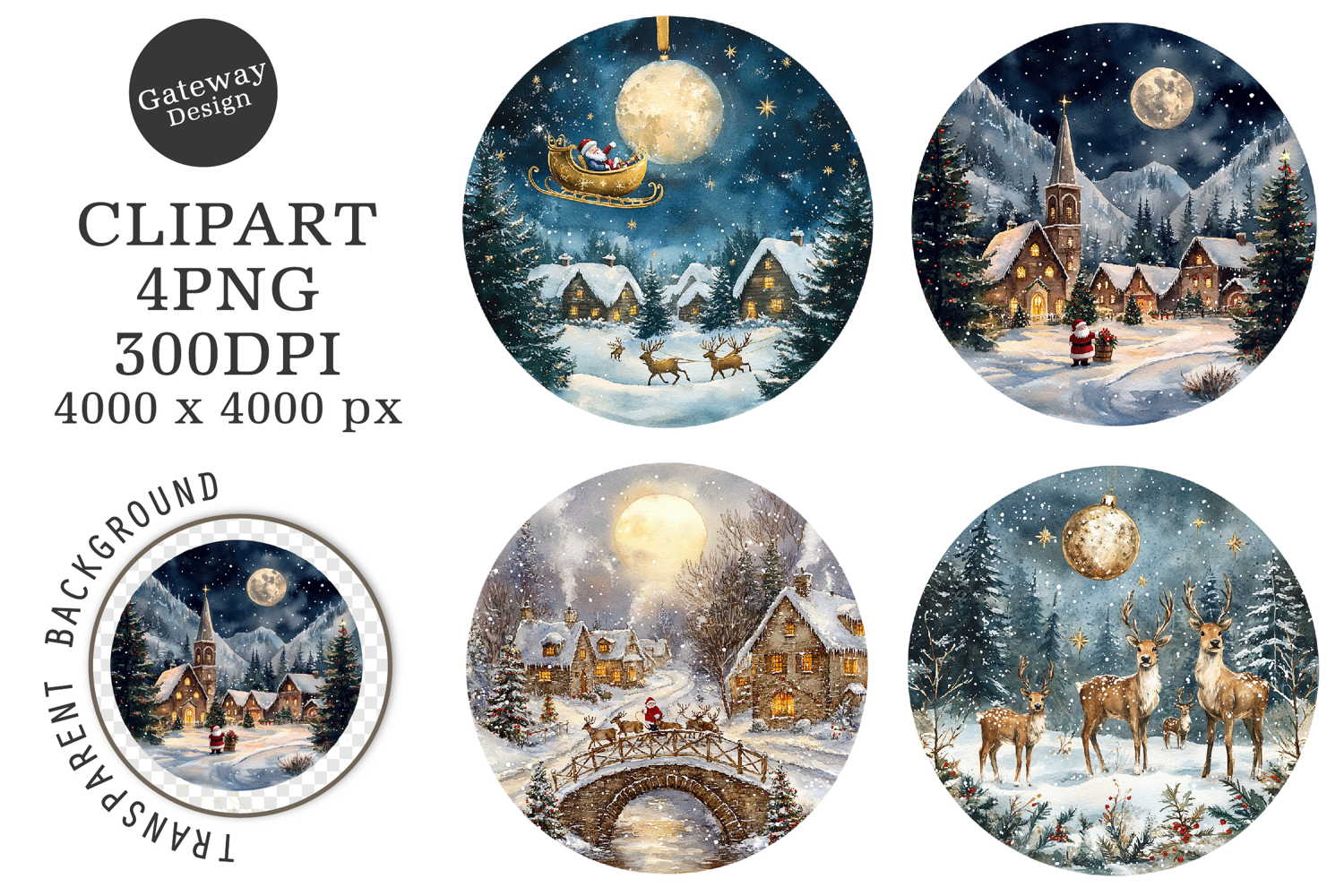 Watercolor Christmas Night Ornament Clipart product image 1