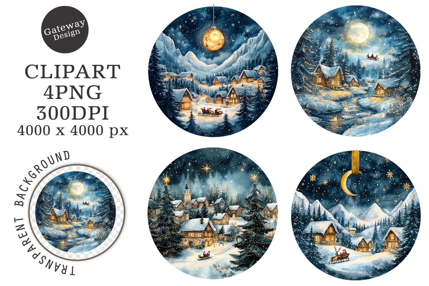 Watercolor Christmas Night Ornament Clipart product image 1