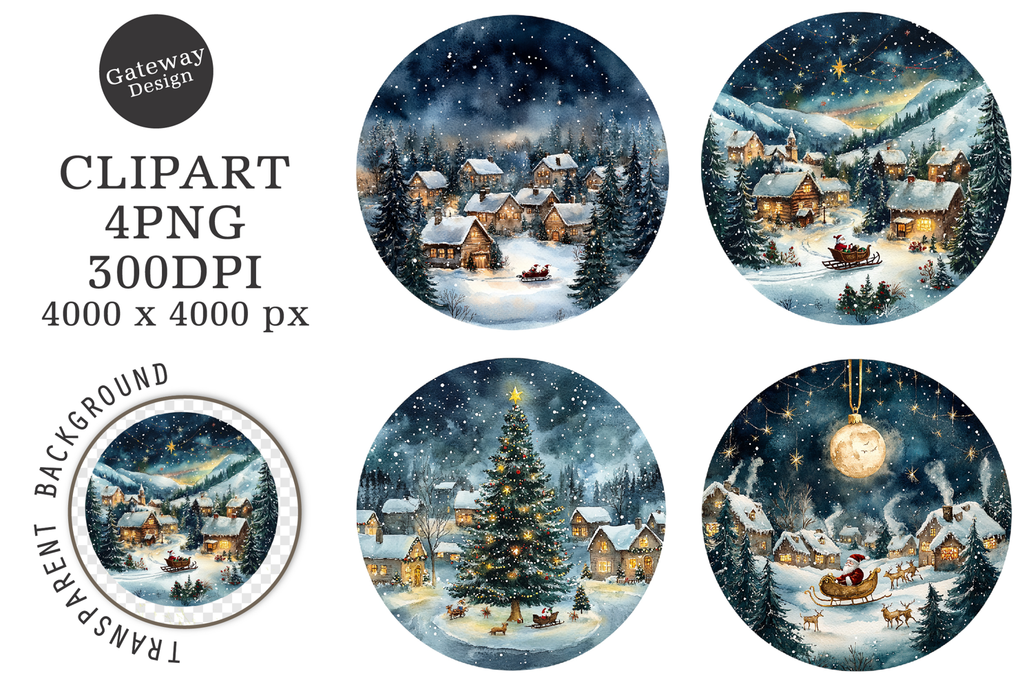 Watercolor Christmas Night Ornament Clipart product image 1