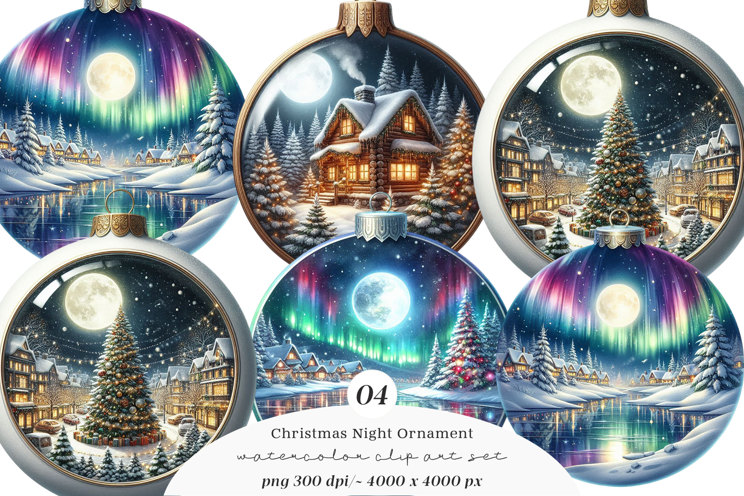 Watercolor Christmas Night Ornament Clipart product image 1