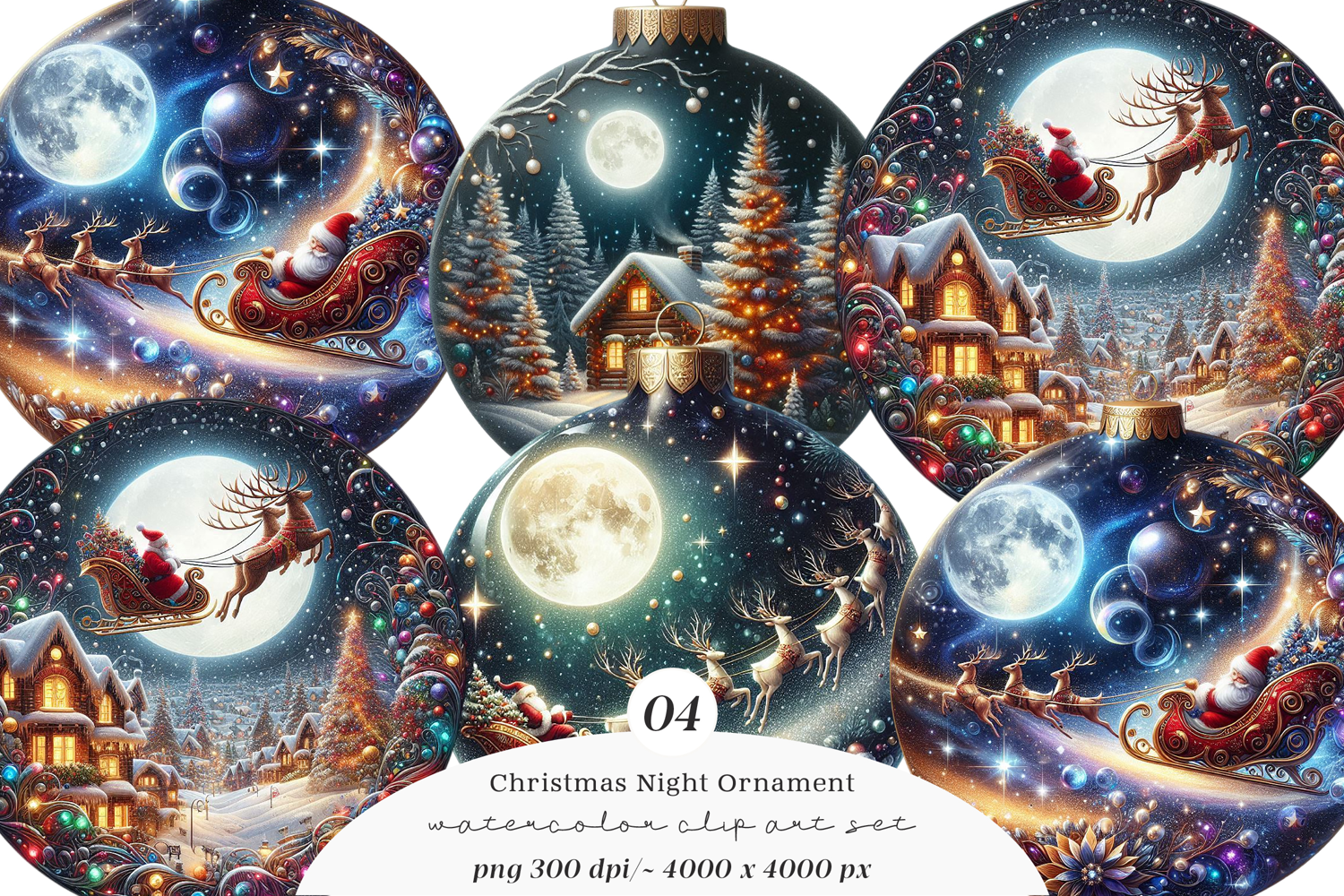 Watercolor Christmas Night Ornament Clipart product image 1