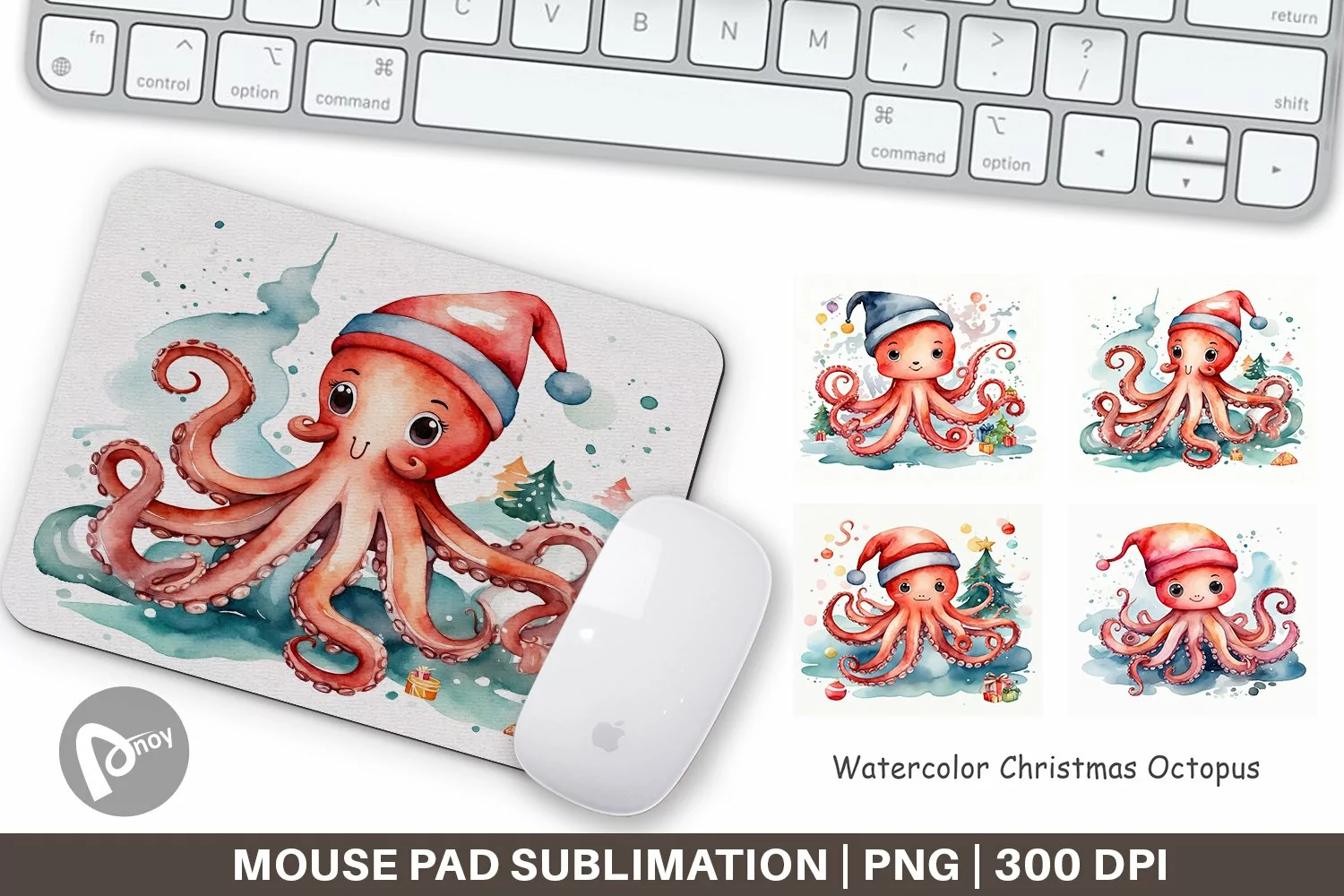 Mouse Pad Watercolor Christmas Octopus product image 1