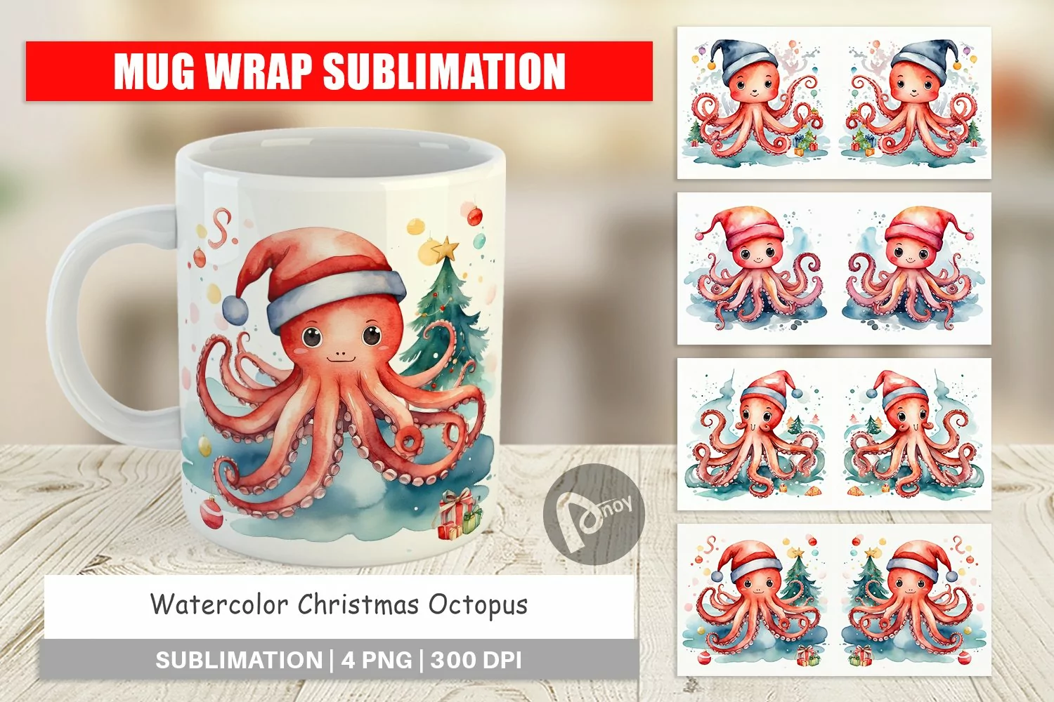 Mug Wrap Design Watercolor Christmas Octopus product image 1