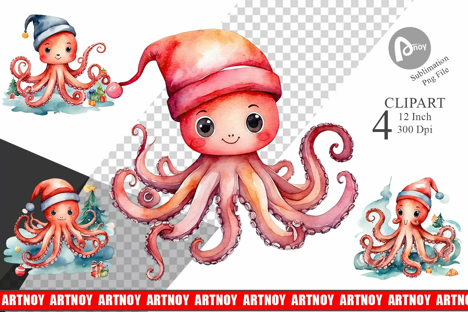 Clipart Watercolor Christmas Octopus product image 1