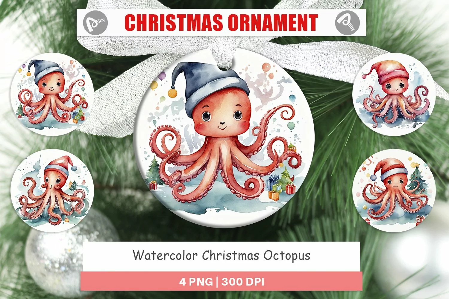 Christmas Ornaments Watercolor Christmas Octopus product image 1