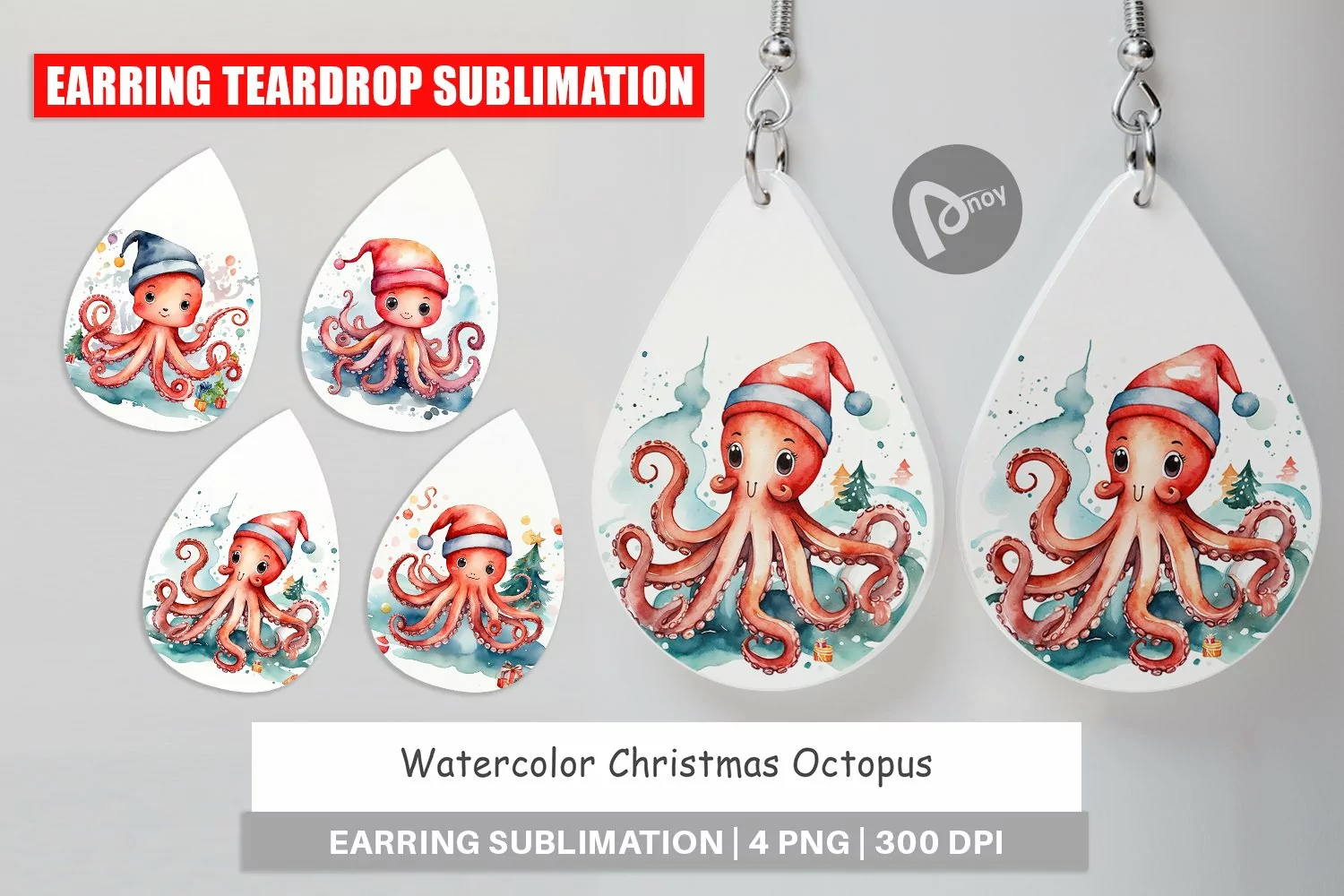 Earring Teardrop Watercolor Christmas Octopus product image 1