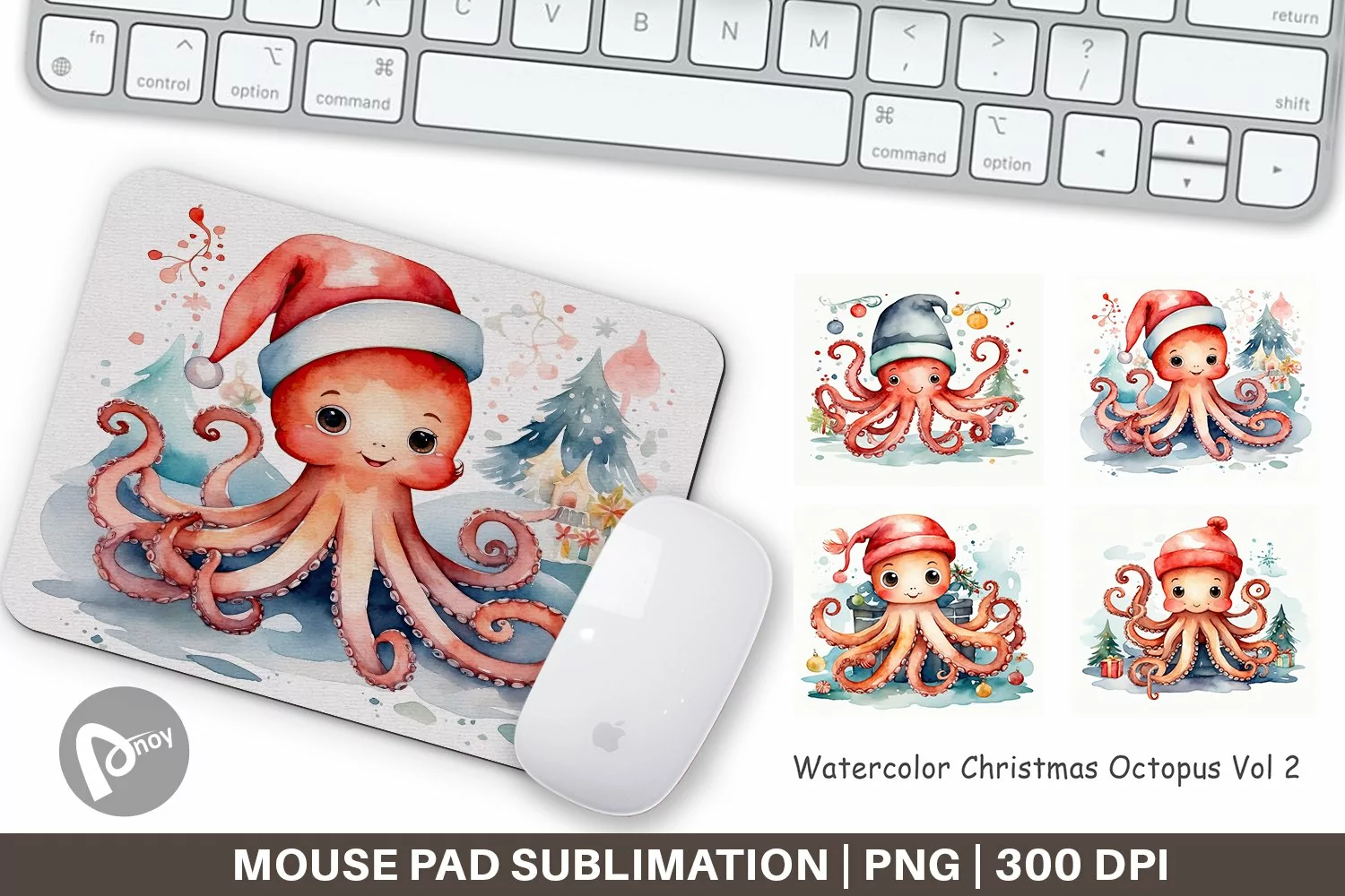 Mouse Pad Watercolor Christmas Octopus product image 1