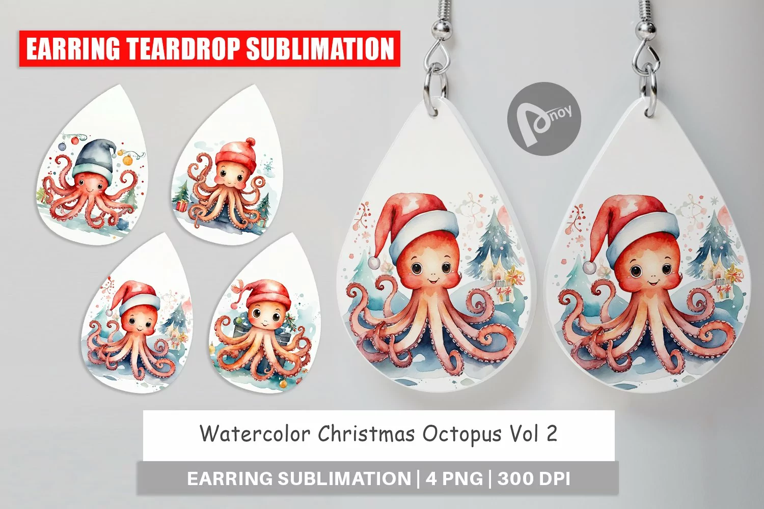 Earring Teardrop Watercolor Christmas Octopus product image 1