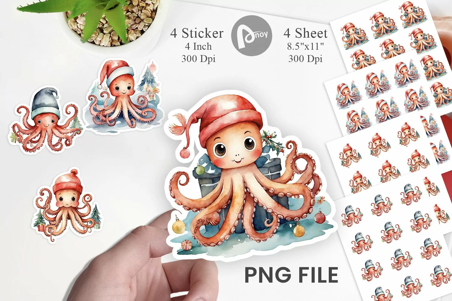 Sticker Watercolor Christmas Octopus product image 1